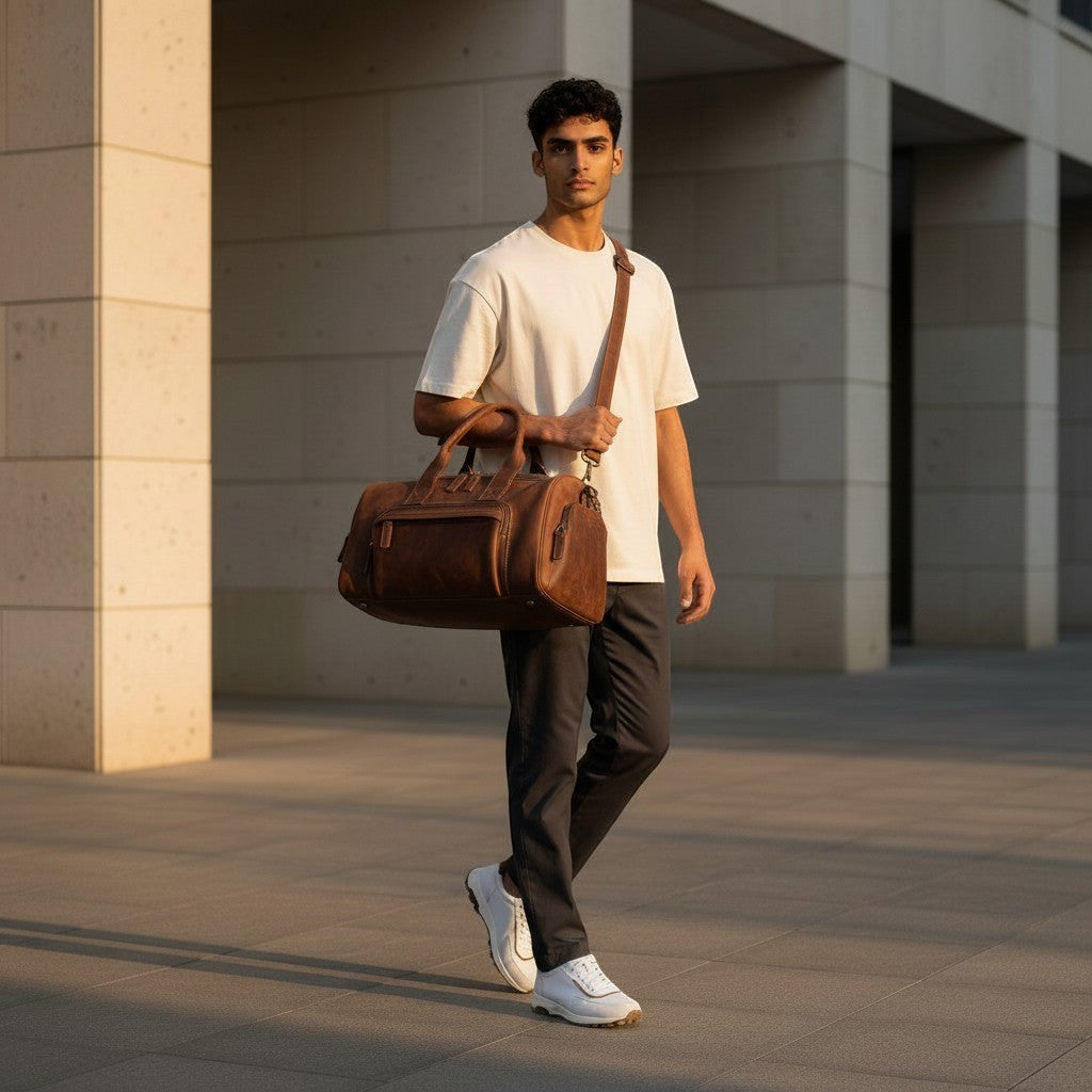 Barcon Getta Guzzo Overnight Duffel Travel  Bag – coffee Brown – Full Grain Leather Business Travel Lifestyle - Wearing Barcon Get
a GUYA white sneaker