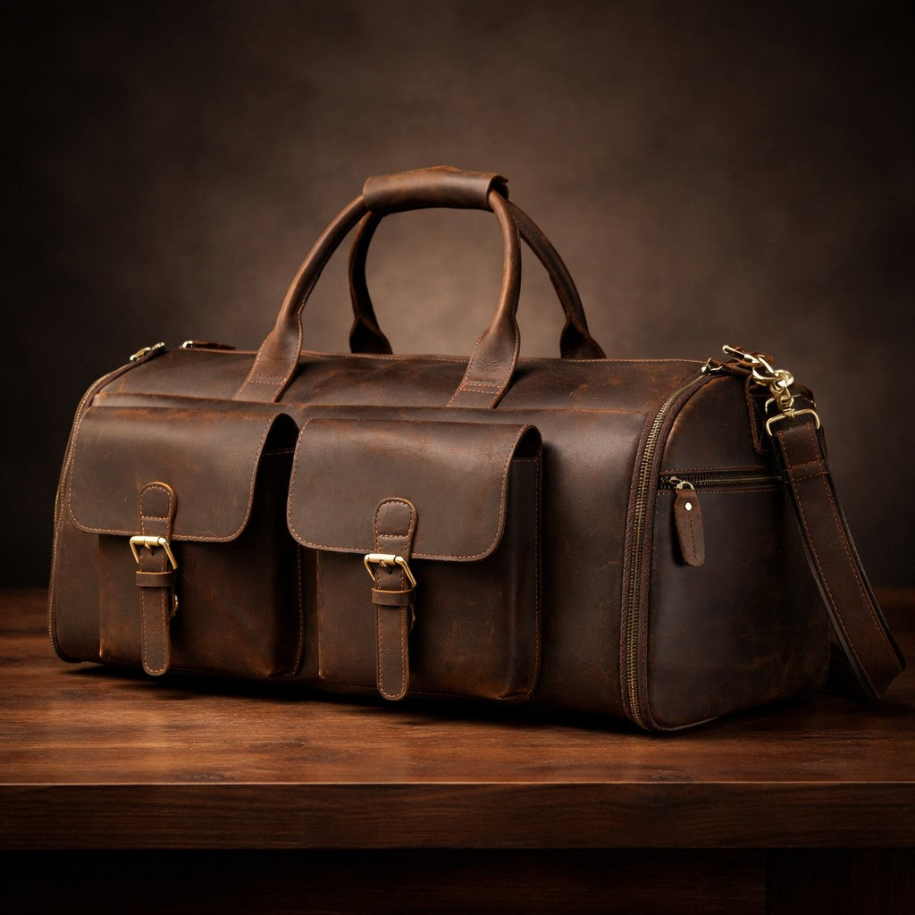 Barcon Getta Business Duffel travel Bag –  Dark Coffee Brown – East African Full Grain Leather Studio Shot