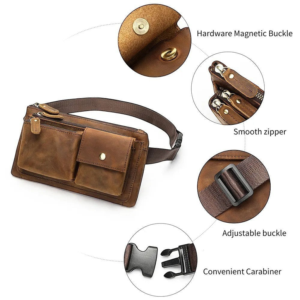 Barcon Getta Inc brown full grain leather fanny bag with multiple zipper pockets and magnetic buckle closure.