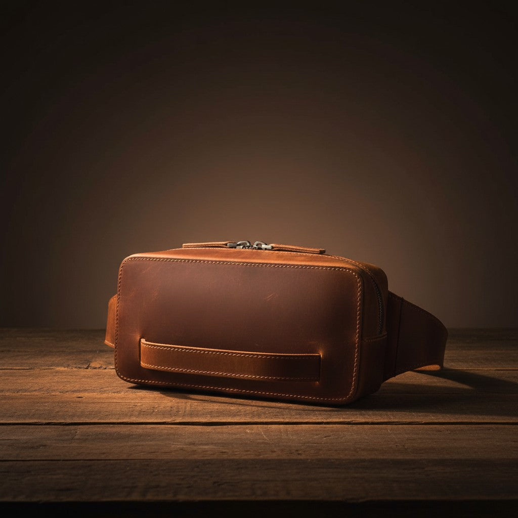 Barcon Getta Inc KANO fanny bag in brown full grain leather with a top zipper and front handle.