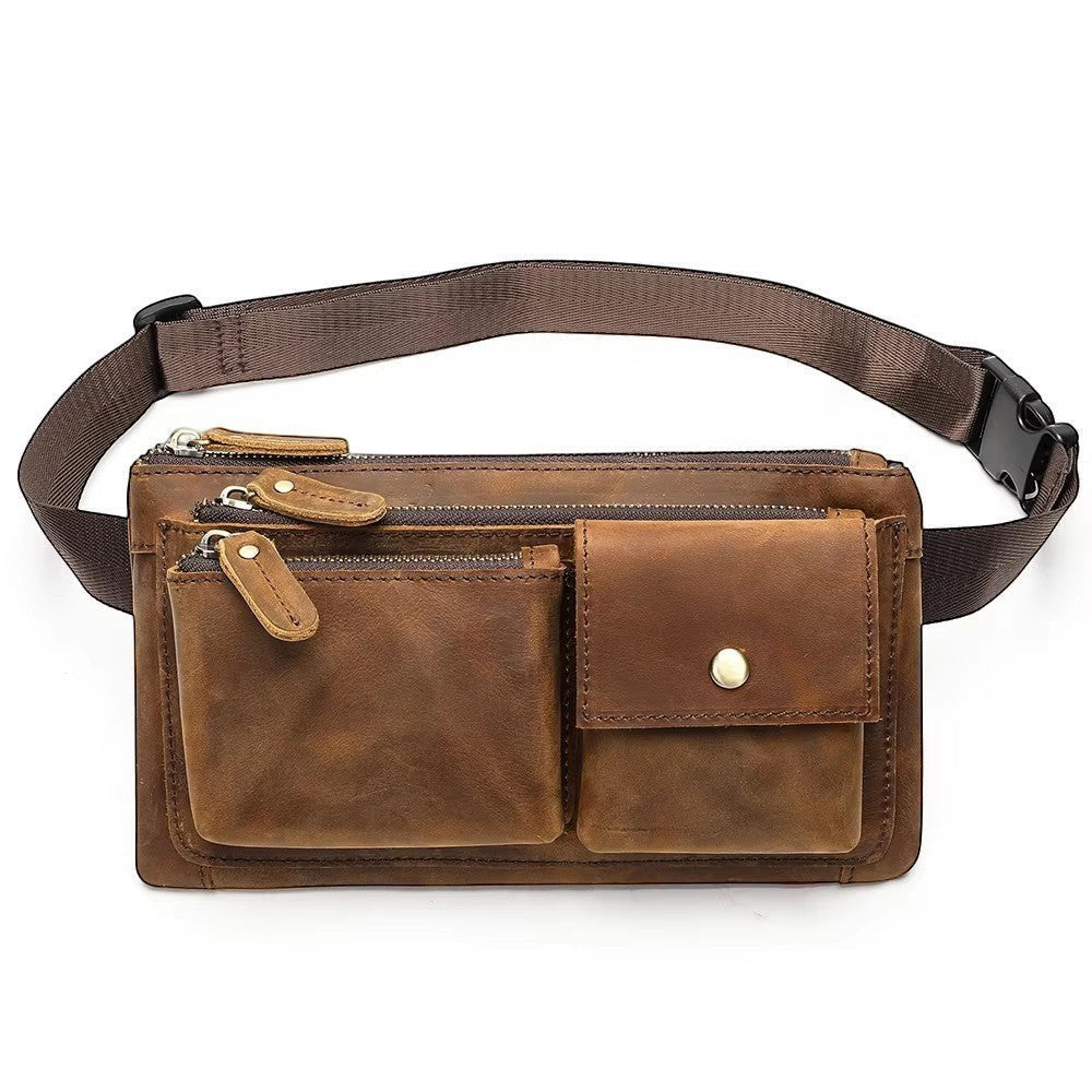 Barcon Getta Inc BANDFORM fanny bag in distressed brown Ethiopian leather with multiple zipper pockets and a flap pocket.