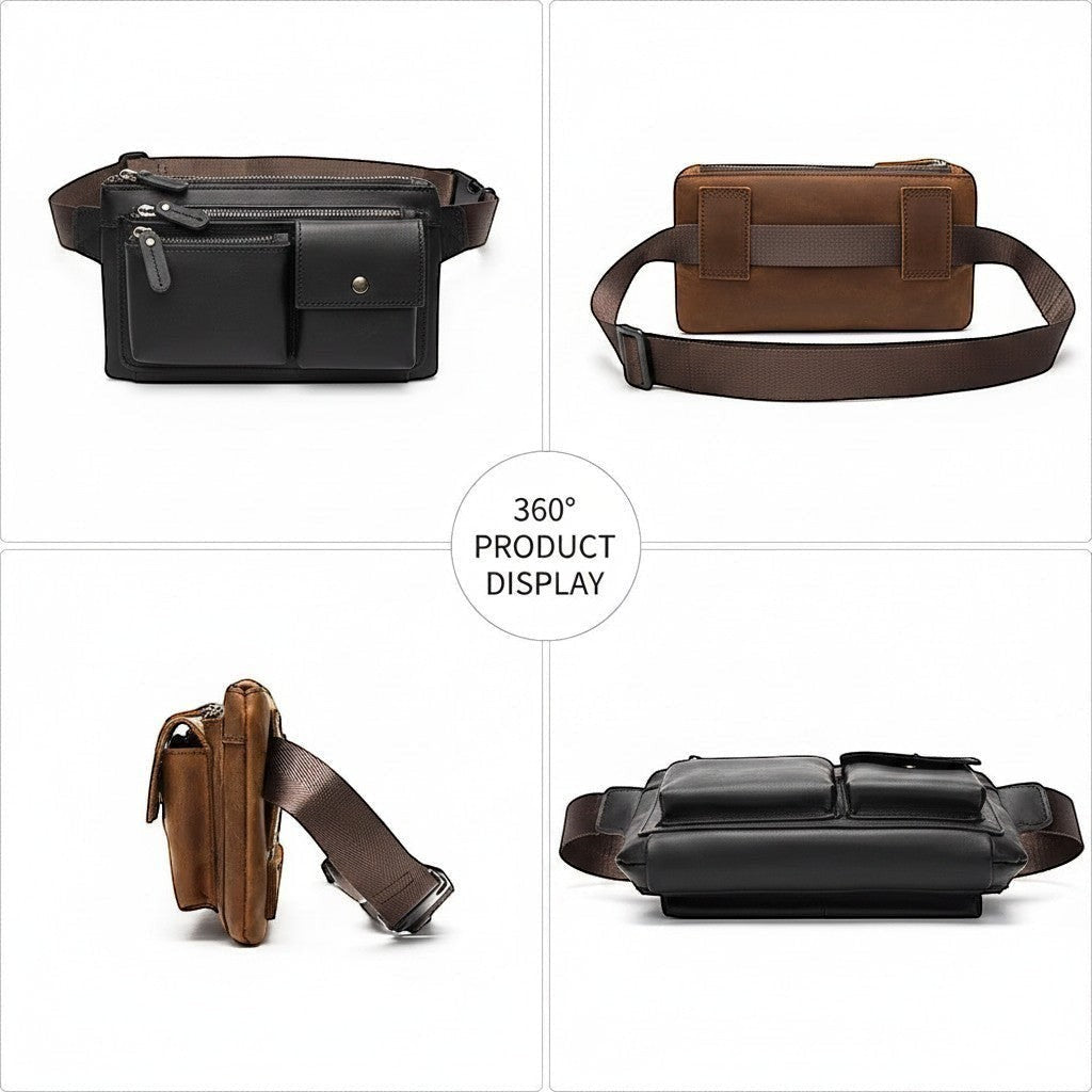 Barcon Getta Inc brown full grain leather fanny bag with multiple pockets and adjustable strap.