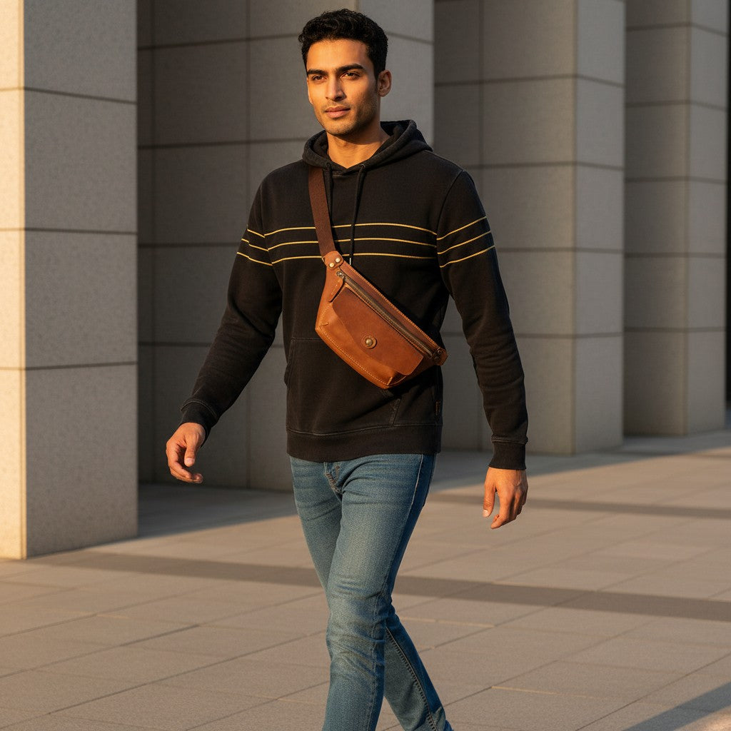 Barcon Getta Inc ARCBAND fanny bag in brown full grain Ethiopian leather with multiple pockets and adjustable strap.