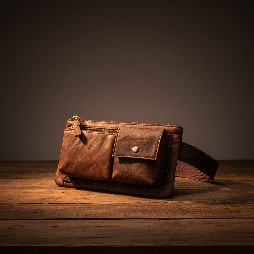 Barcon Getta Inc brown full grain leather fanny bag with multiple zipper pockets and adjustable strap.