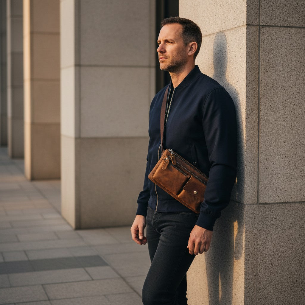 Barcon Getta Inc distressed brown leather fanny pack with multiple zippered pockets and a front flap pocket.