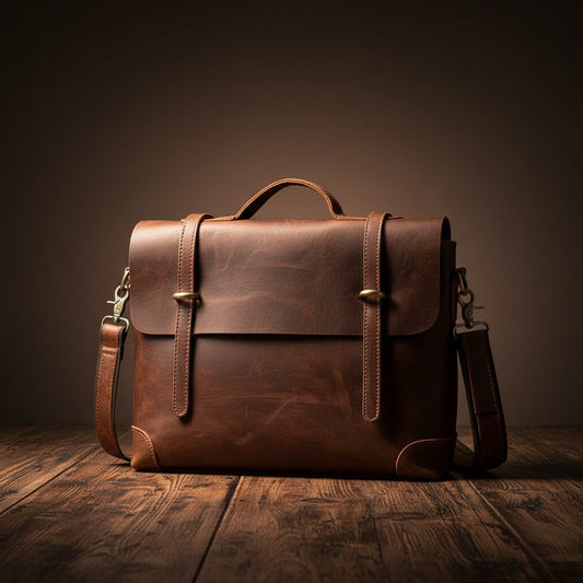 Barcon Getta Inc brown full grain leather messenger bag with adjustable strap and brass hardware. Fits up to 16" laptop.