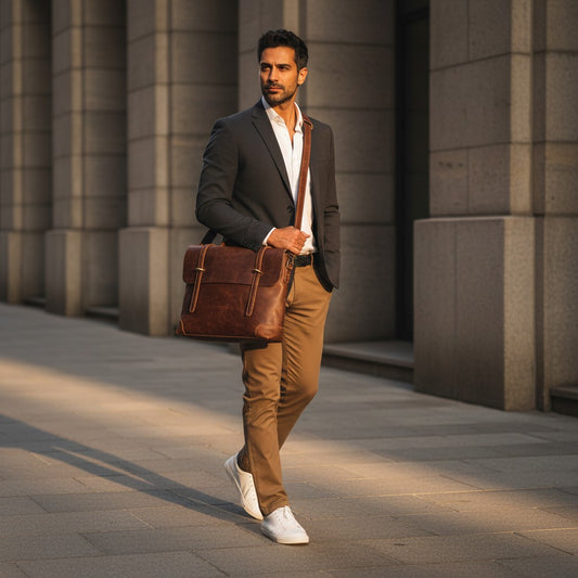 Barcon Getta Inc brown full grain leather messenger bag with adjustable strap and brass hardware. Fits up to 16" laptop.