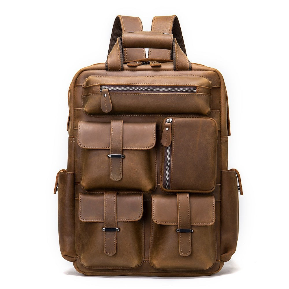 Barcon Getta Inc brown distressed leather multi-pocket backpack with adjustable straps and ample storage.