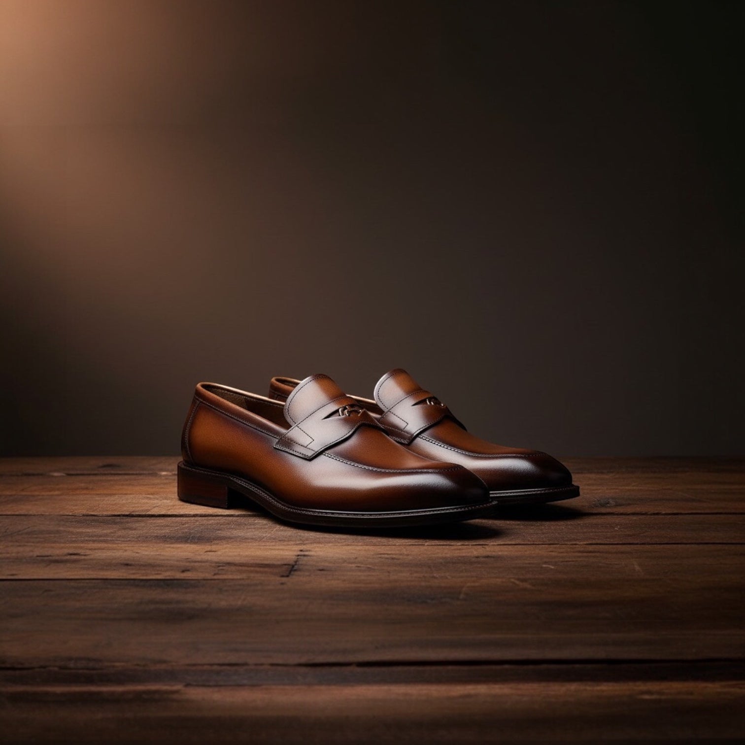 Barcon Getta Inc NEGUS brown leather penny loafers with metal accent, polished finish, on wooden surface.