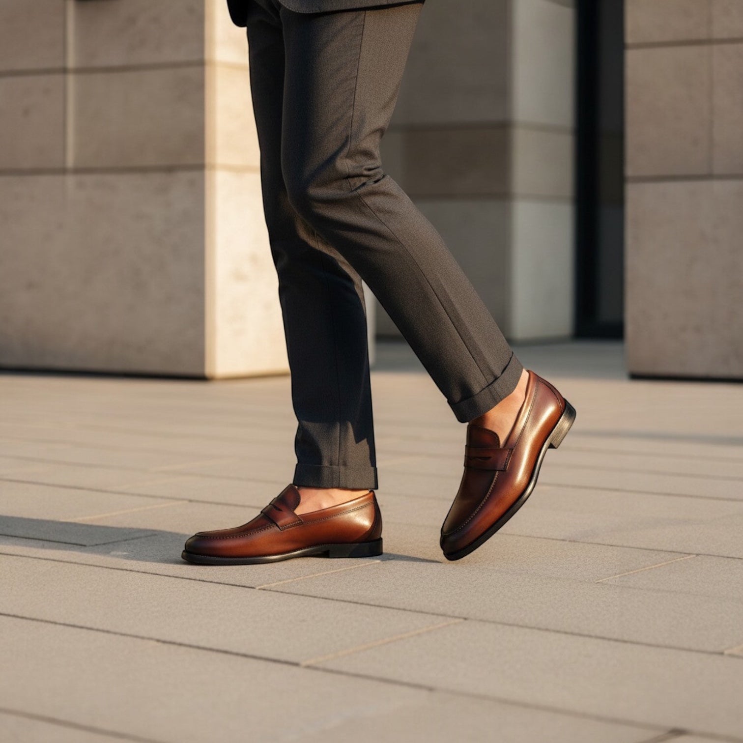 Barcon Getta Inc BANGUI brown polished leather penny loafers with strap detail, worn with charcoal grey trousers.