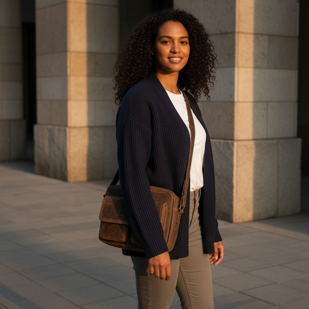 Barcon Getta Inc TWINFOLD shoulder bag in dark brown full grain leather with multiple pockets and adjustable strap.