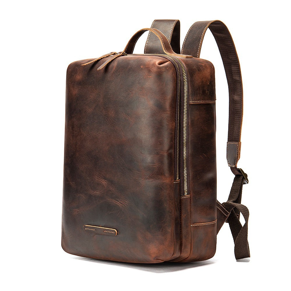 Barcon Getta Inc brown leather TravelLite backpack with multifunction carry-on option, handmade from Ethiopian leather.