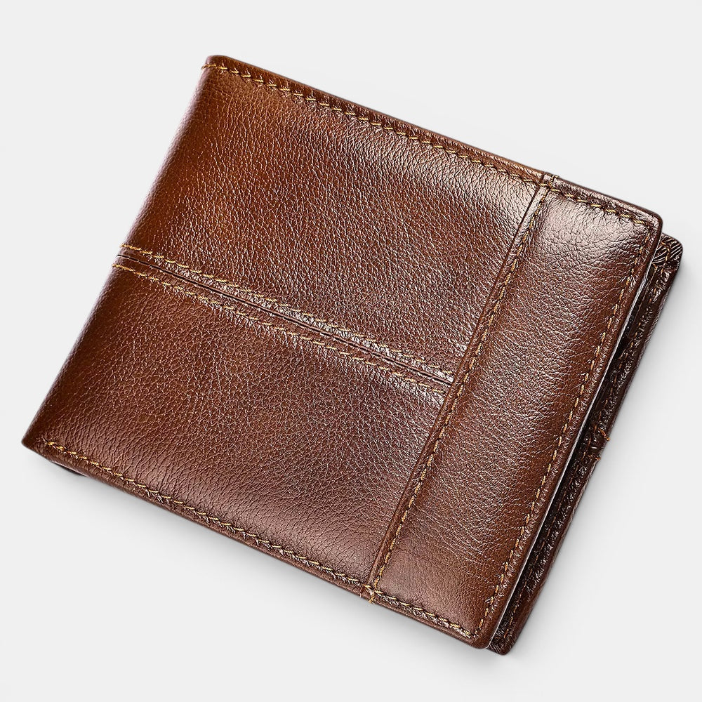 Barcon Getta Inc brown full grain leather bi-fold wallet with 8 card slots, coin slot, bill compartments, ID window, and anti-theft swipe.