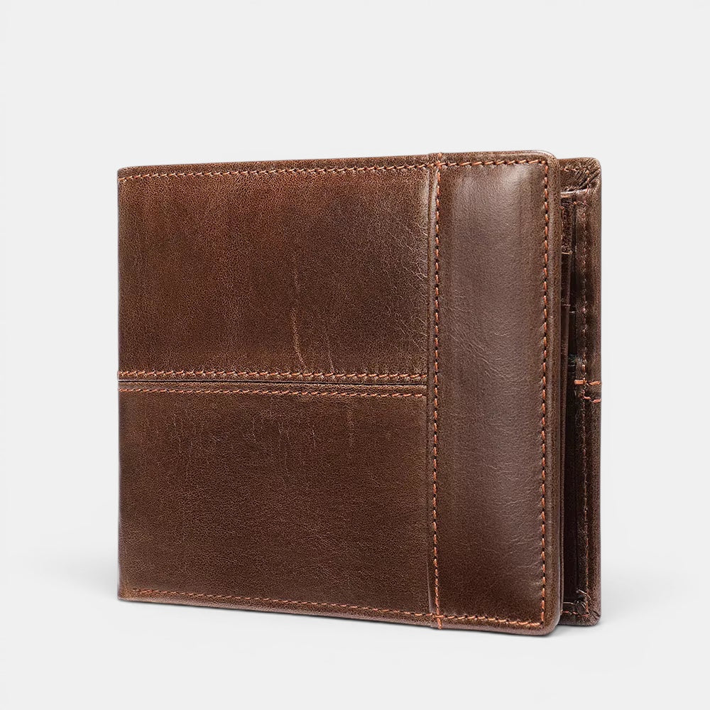 Barcon Getta Inc brown full grain leather bi-fold wallet with 8 card slots, coin slot, bill compartments, ID window, and anti-theft swipe.