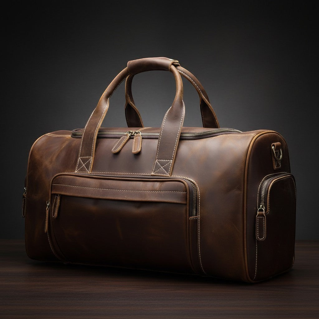 Barcon Getta Guzzo Z Weekender Duffel travel Bag –  Dark Coffee Brown – East African Full Grain Leather Studio Shot