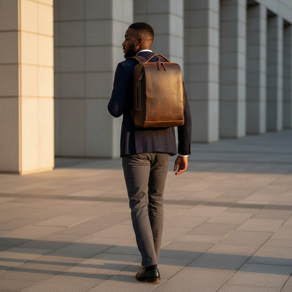 Barcon Getta Inc WORKDAY brown full grain leather backpack with multiple pockets and padded straps.
