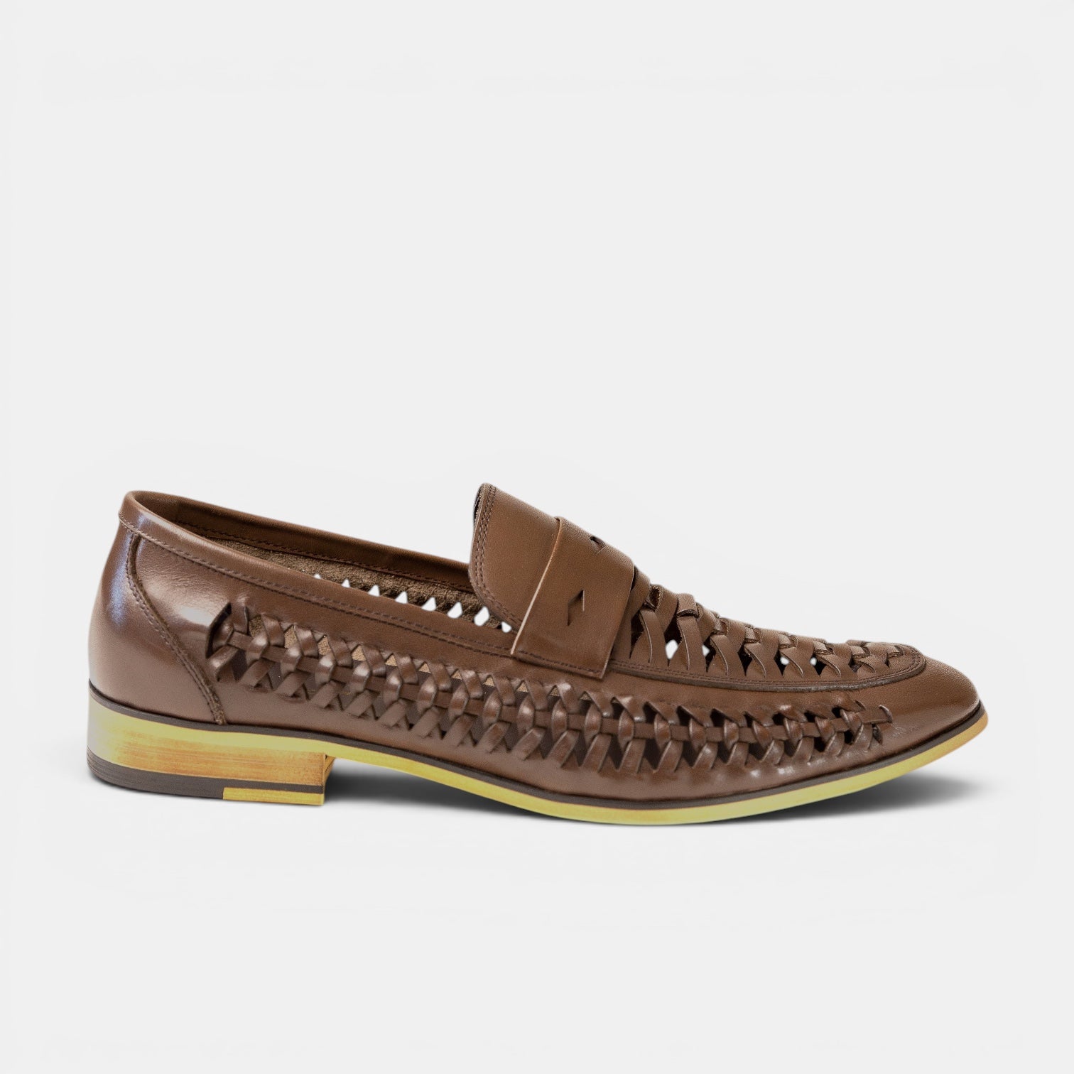 Barcon Getta Inc MASSAWA brown leather woven open loafers. Slip-on style with classic loafer silhouette.