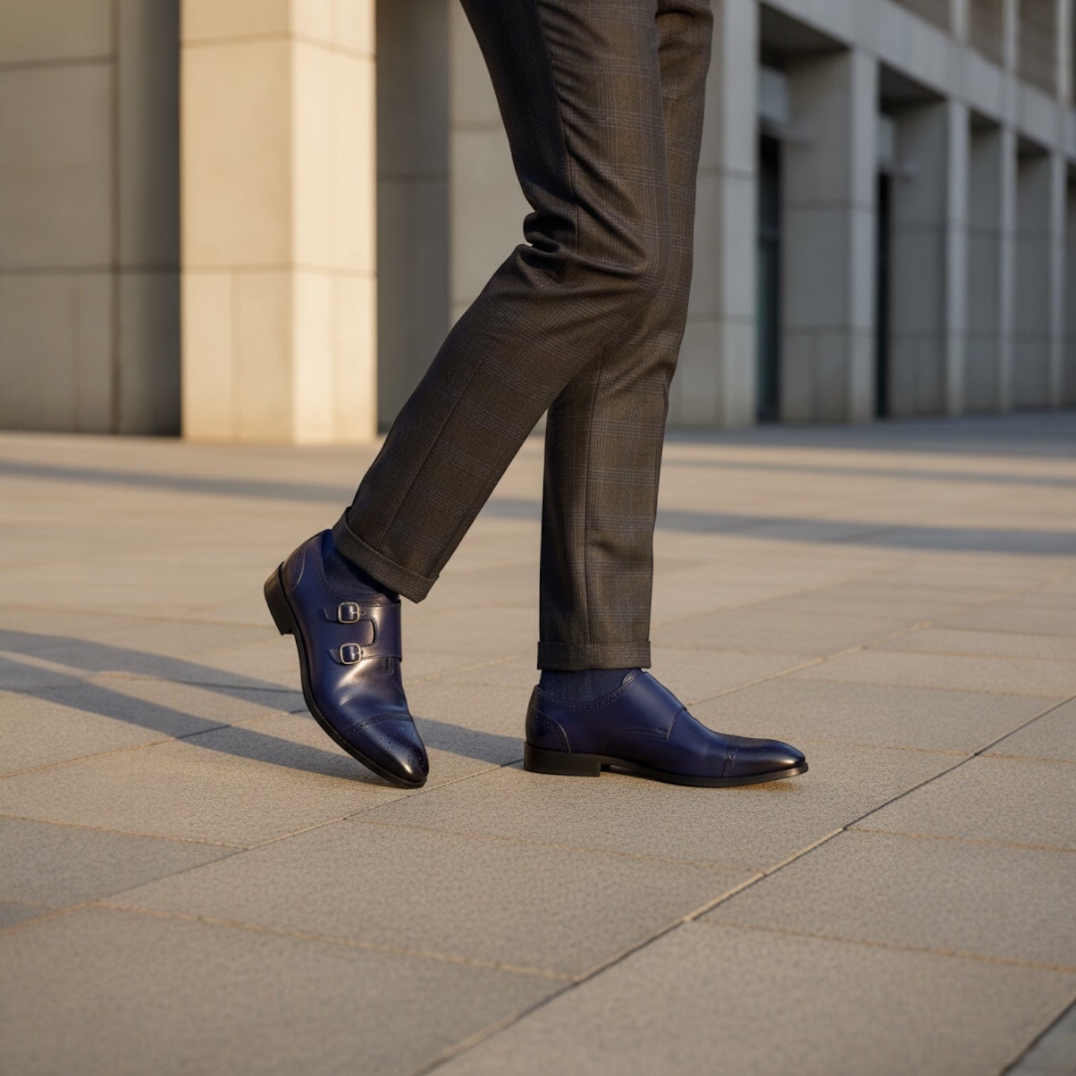 Barcon Getta Inc CAIRO cobalt blue leather double monk strap dress shoes with gold buckles and brogue details.