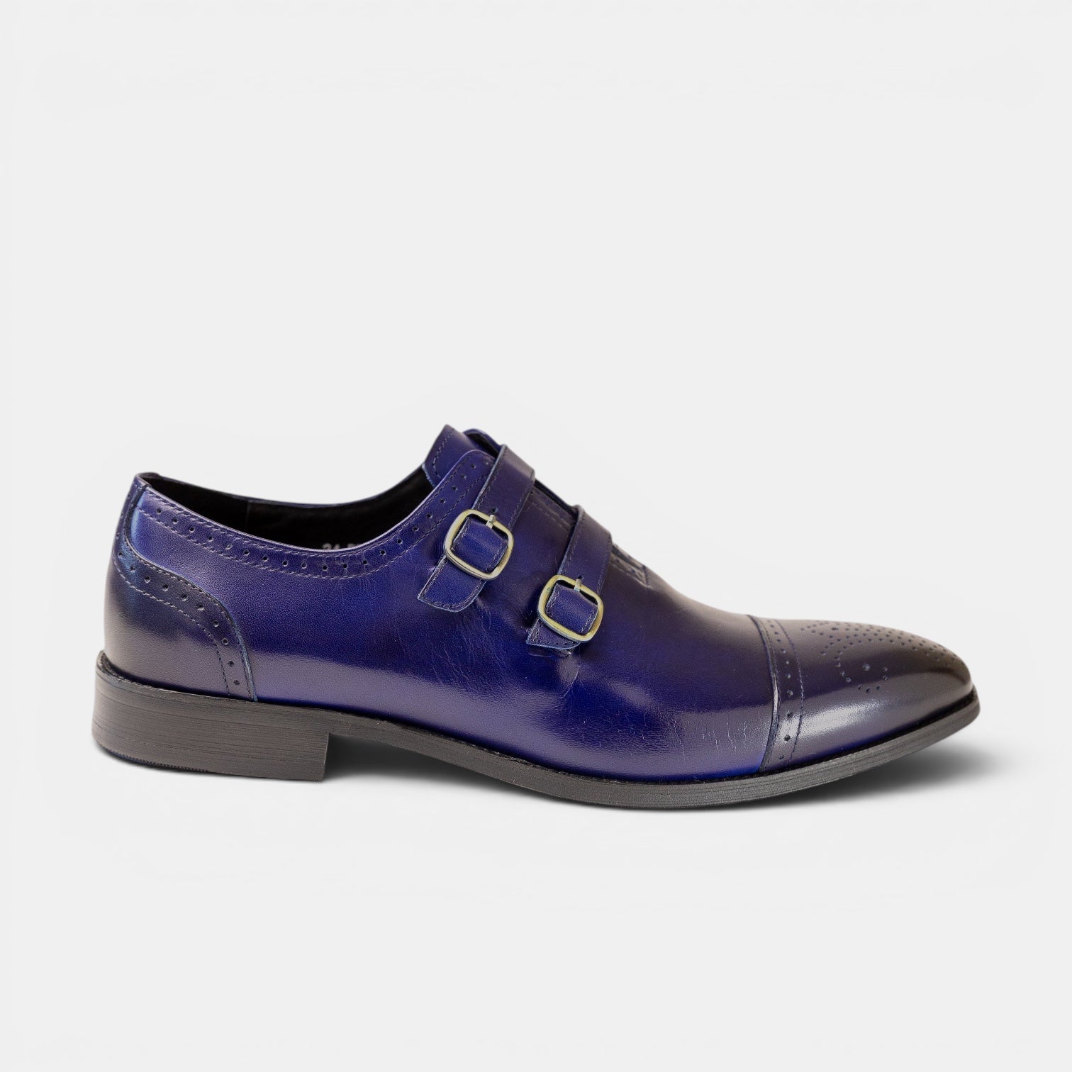 Barcon Getta Inc CAIRO cobalt blue leather double monk strap dress shoes with gold buckles and brogue details.