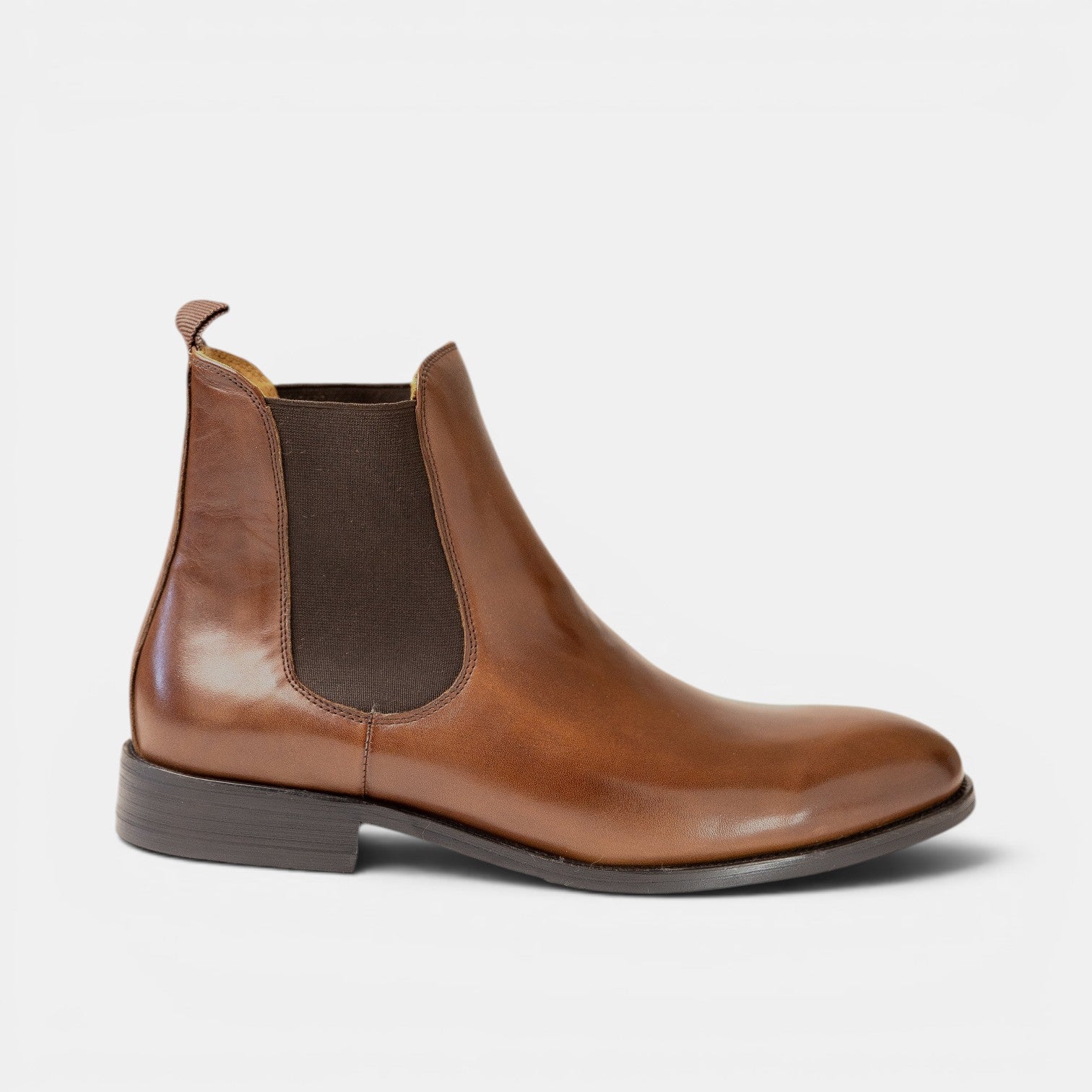 Barcon Getta Inc CAPE TOWN brown leather chelsea boots with elastic side panels and pull tab.