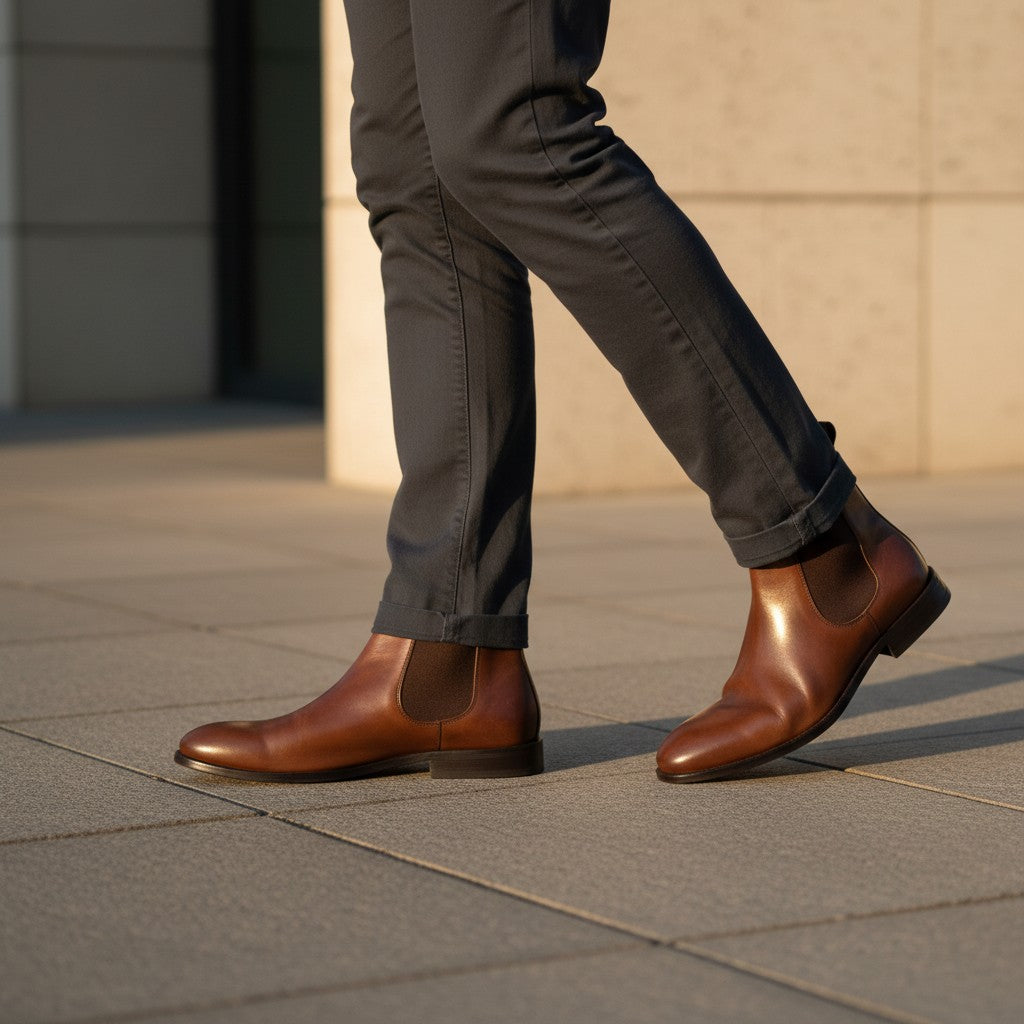Barcon Getta Inc CAPE TOWN brown full grain leather chelsea boots with elastic side panels and pull tab.