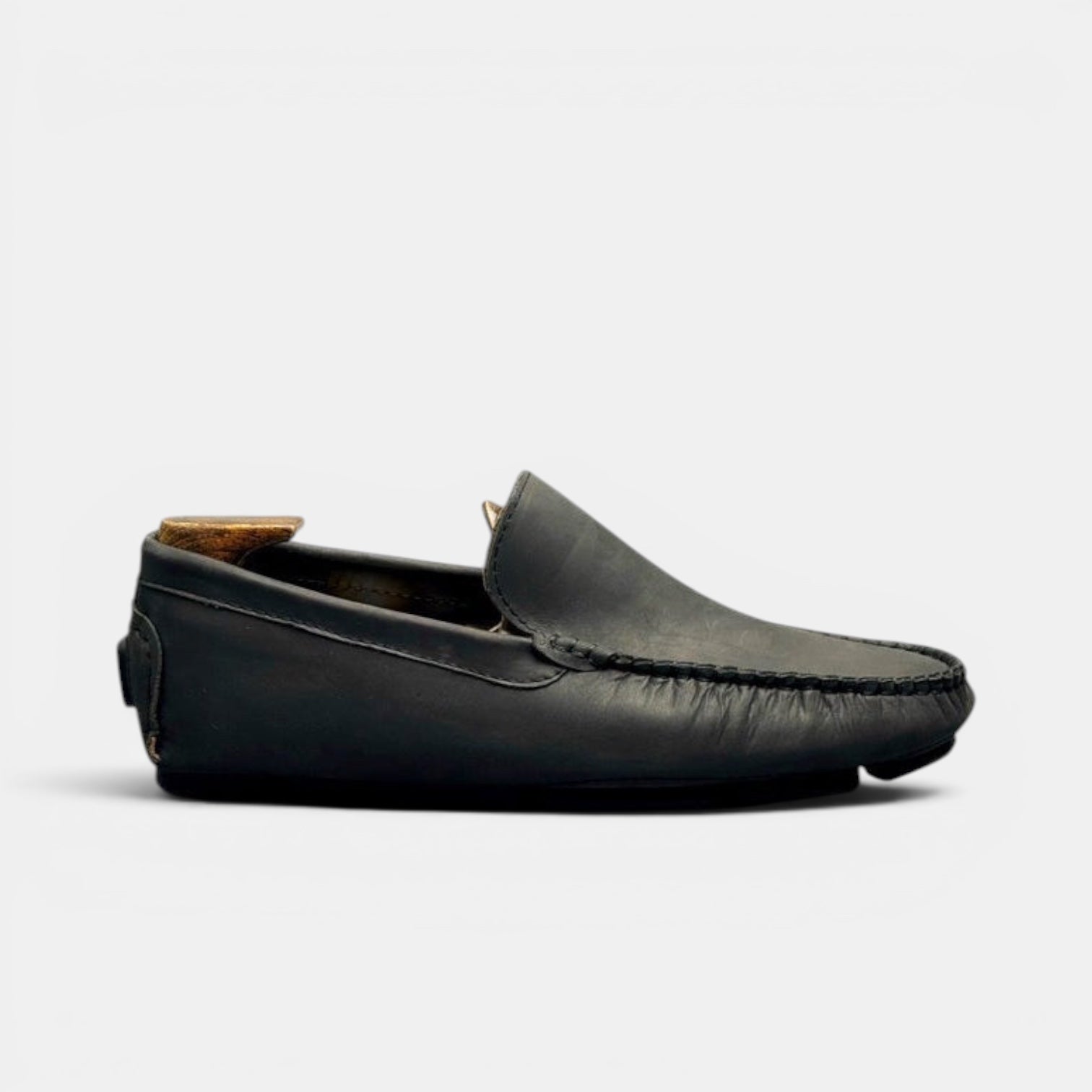 Barcon Getta Inc charcoal full-grain leather driver slip-on loafer with hand-stitched moccasin construction.