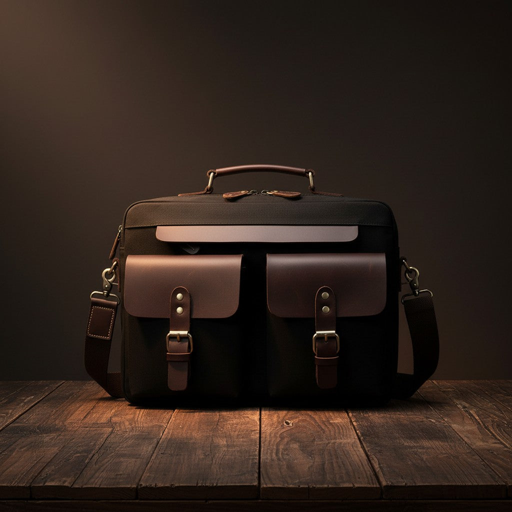 Barcon Getta Inc The Classic black canvas and brown leather briefcase with dual front pockets and top handles.