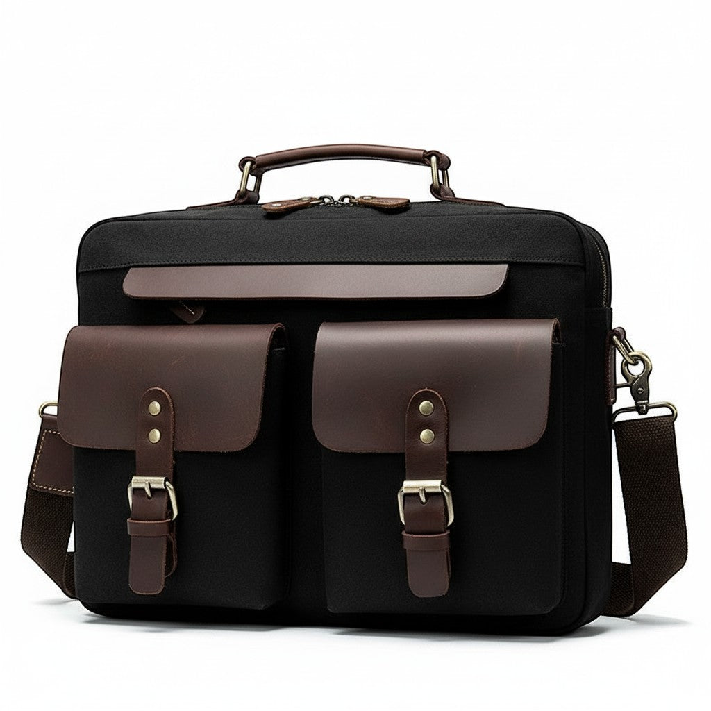 Barcon Getta Inc The Classic black canvas and brown leather briefcase with dual front pockets and top handle.