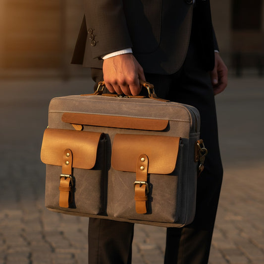 Barcon Getta Inc The Classic grey canvas and brown leather messenger bag with multiple pockets and buckle closures.