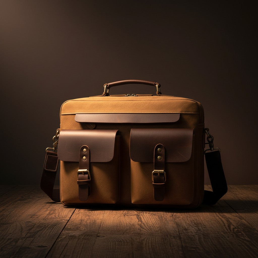 Barcon Getta Inc The Classic tan canvas and brown leather messenger bag with buckle flap pockets.
