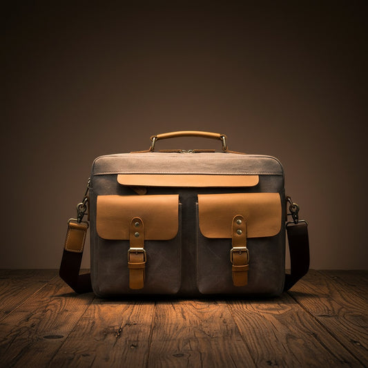 Barcon Getta Inc The Classic grey canvas and brown leather messenger bag with multiple pockets and buckle closures.