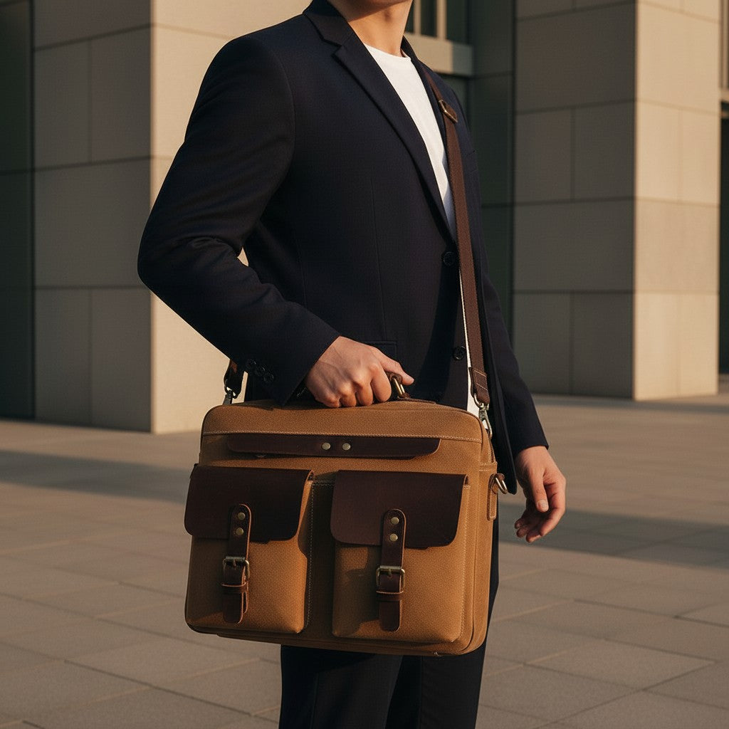 Barcon Getta Inc The Classic tan canvas and brown leather briefcase with multiple pockets and buckles, fits up to 14" laptop.