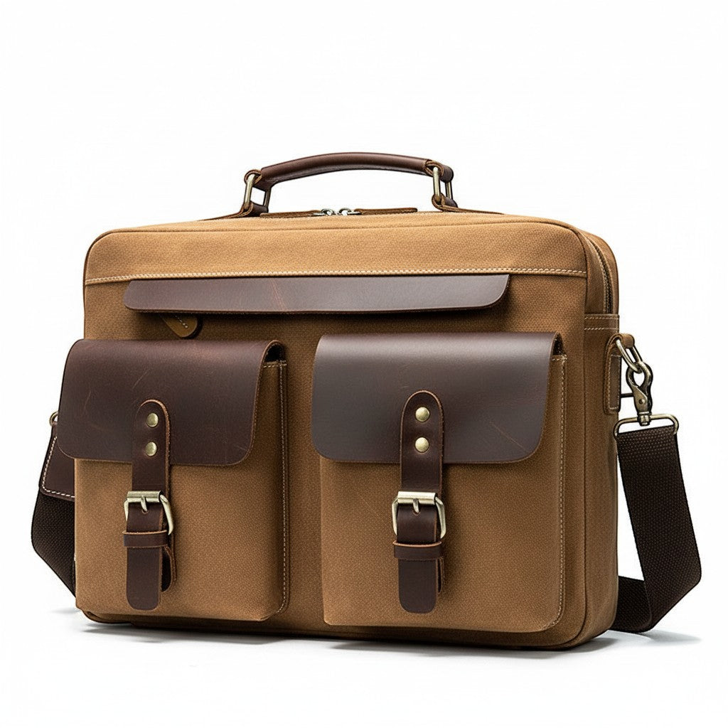 Barcon Getta Inc The Classic brown leather and canvas messenger bag with buckle flap pockets and laptop compartment.