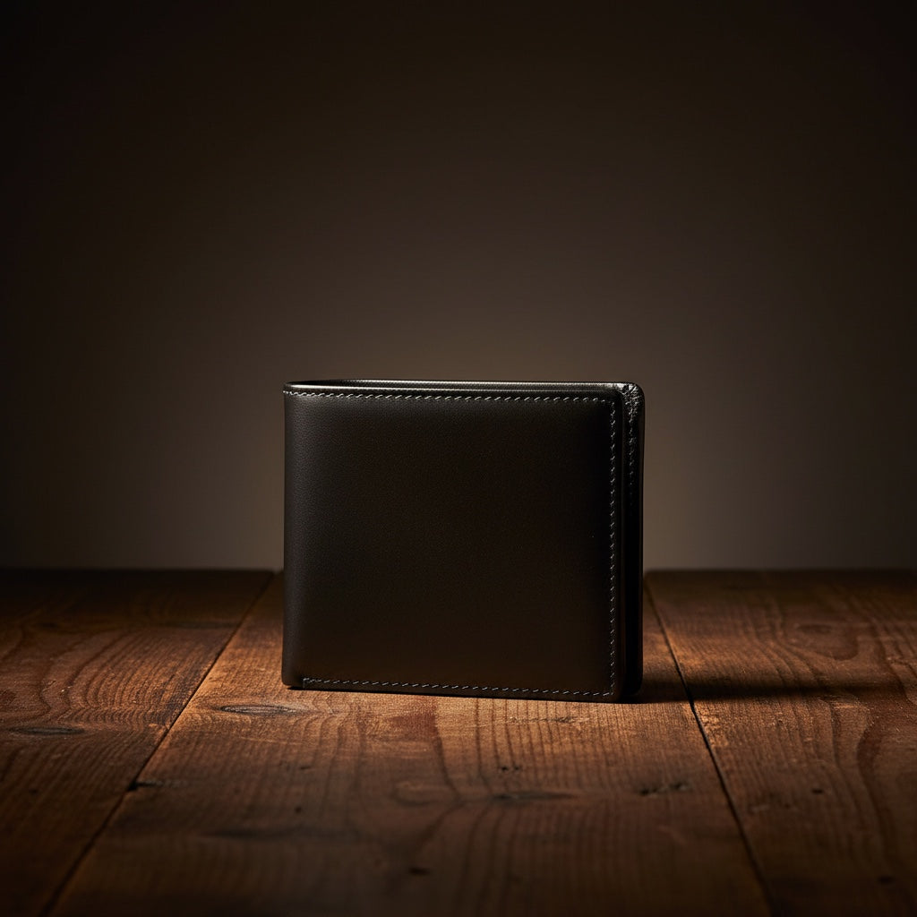 Barcon Getta Inc The Clearline black full grain leather bifold wallet with 8 card slots, bill compartments, and ID window.