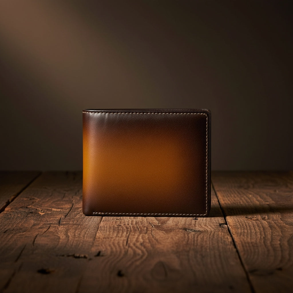 Barcon Getta Inc Clearline bi-fold wallet in full grain leather with brown ombre effect, 8 card slots, bill compartments, and ID window.