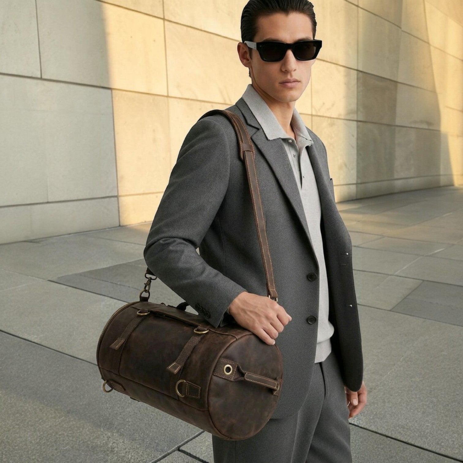 Barcon Getta Inc The Continental 2-1 Duffel: distressed brown genuine leather cylindrical travel bag with brass hardware.
