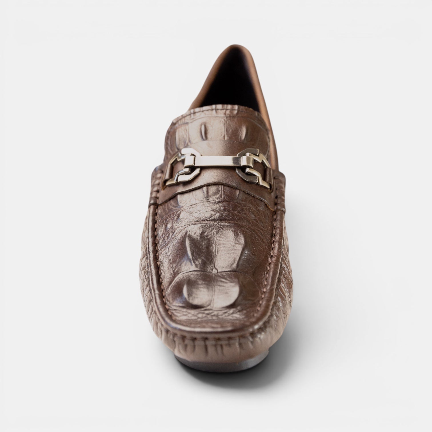 Barcon Getta Inc ARBA-MINCH taupe/mocha brown crocodile-embossed leather driving loafers with gunmetal snaffle bit.