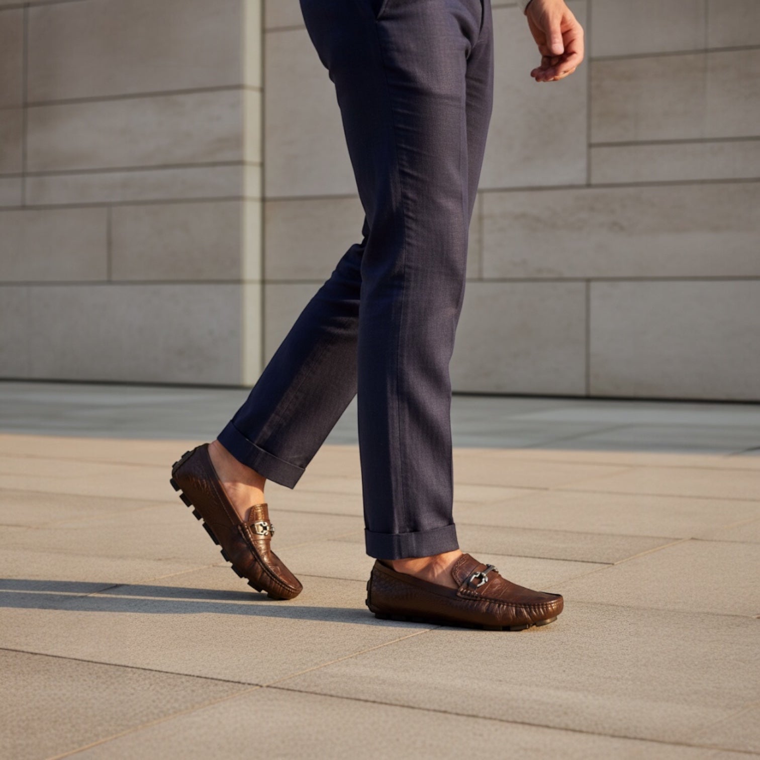 Barcon Getta Inc ARBA-MINCH taupe crocodile-embossed leather driving loafers with gunmetal snaffle bit.