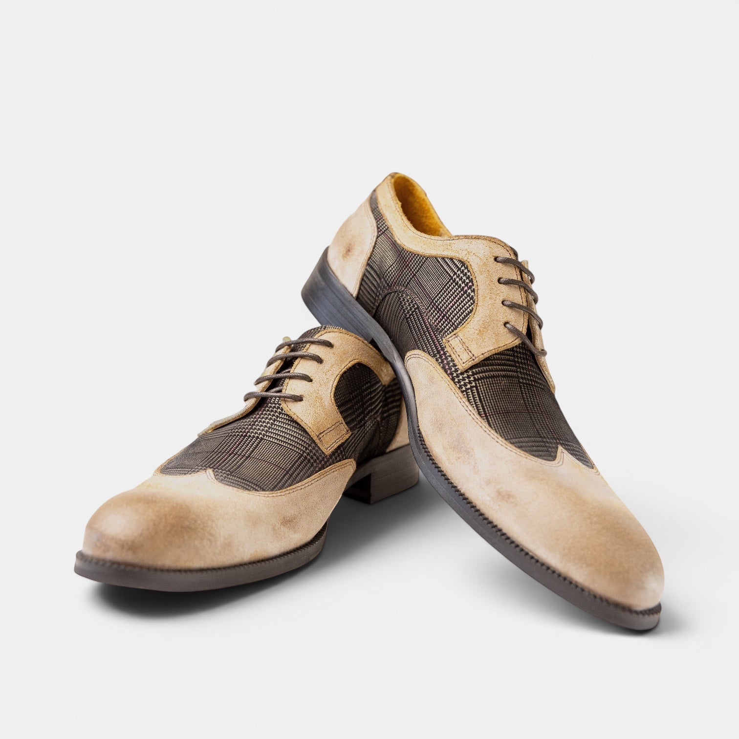 Barcon Getta Inc DAKAR wingtip dress shoes in tan suede with glen plaid fabric accents. Derby lacing.