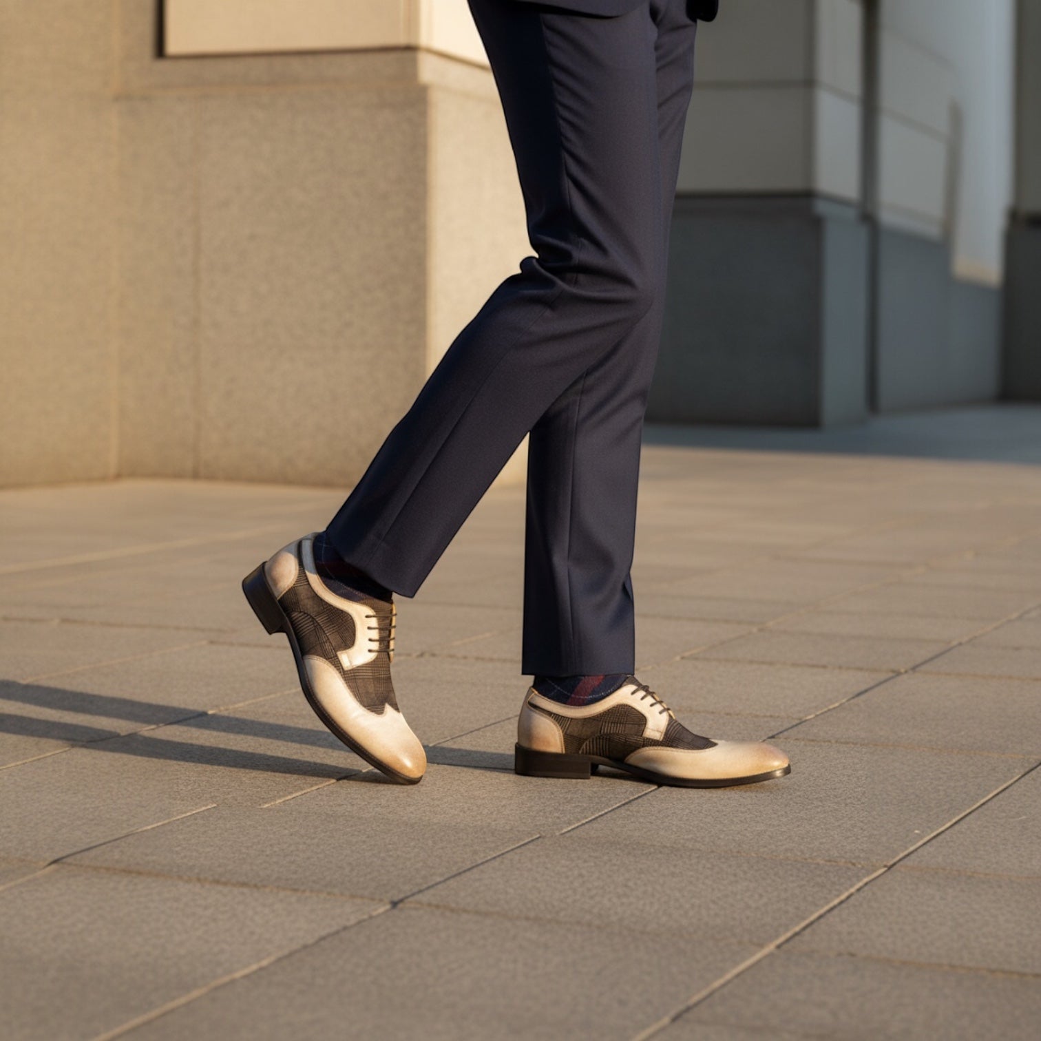 Barcon Getta Inc DAKAR wingtip oxford dress shoes in cream/sand and charcoal grey glen plaid suede leather.
