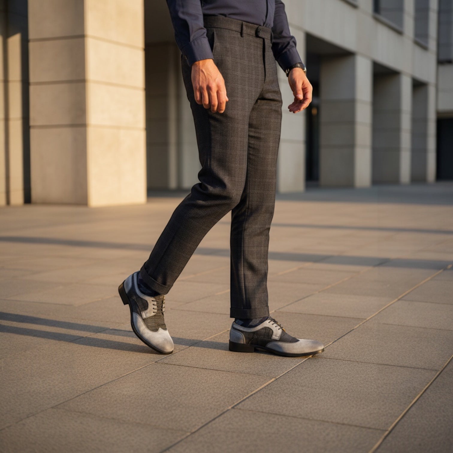 Barcon Getta Inc DAKAR suede wingtip oxford dress shoe in cream/sand and charcoal grey glen plaid.