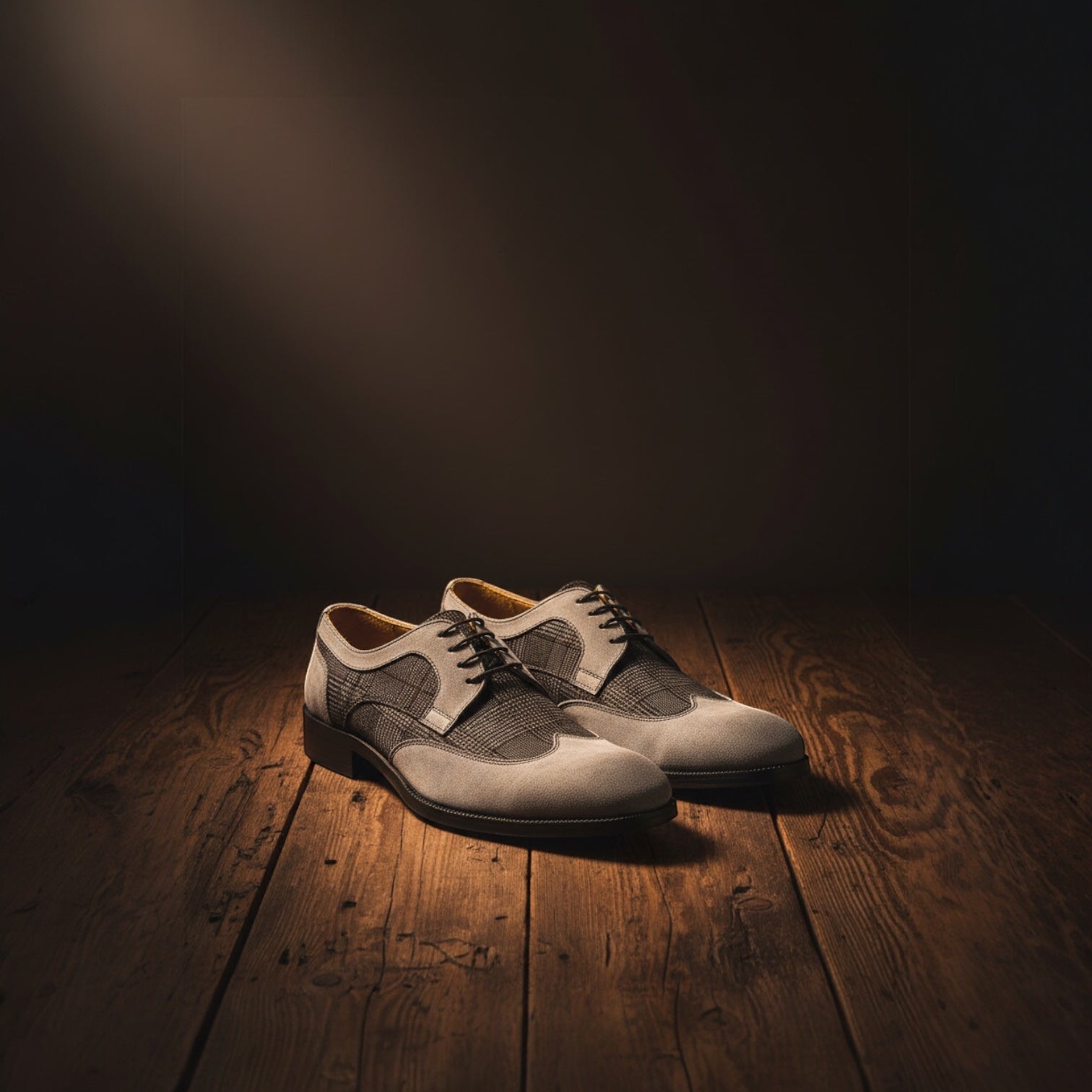 Barcon Getta Inc DAKAR wingtip oxford dress shoes in cream/sand and charcoal grey glen plaid suede leather.
