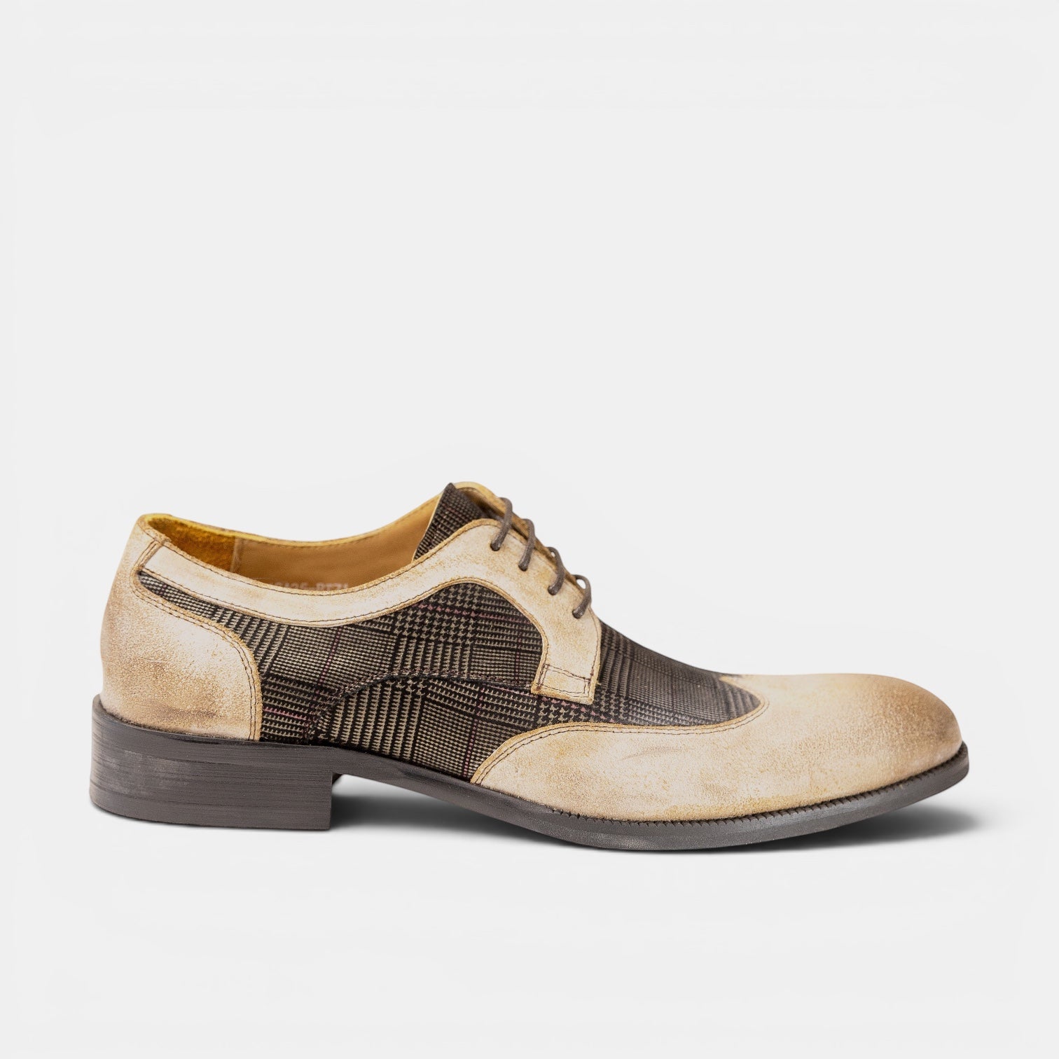 Barcon Getta Inc DAKAR wingtip Oxford dress shoe in cream/sand and charcoal glen plaid suede. Leather upper, hybrid sole.