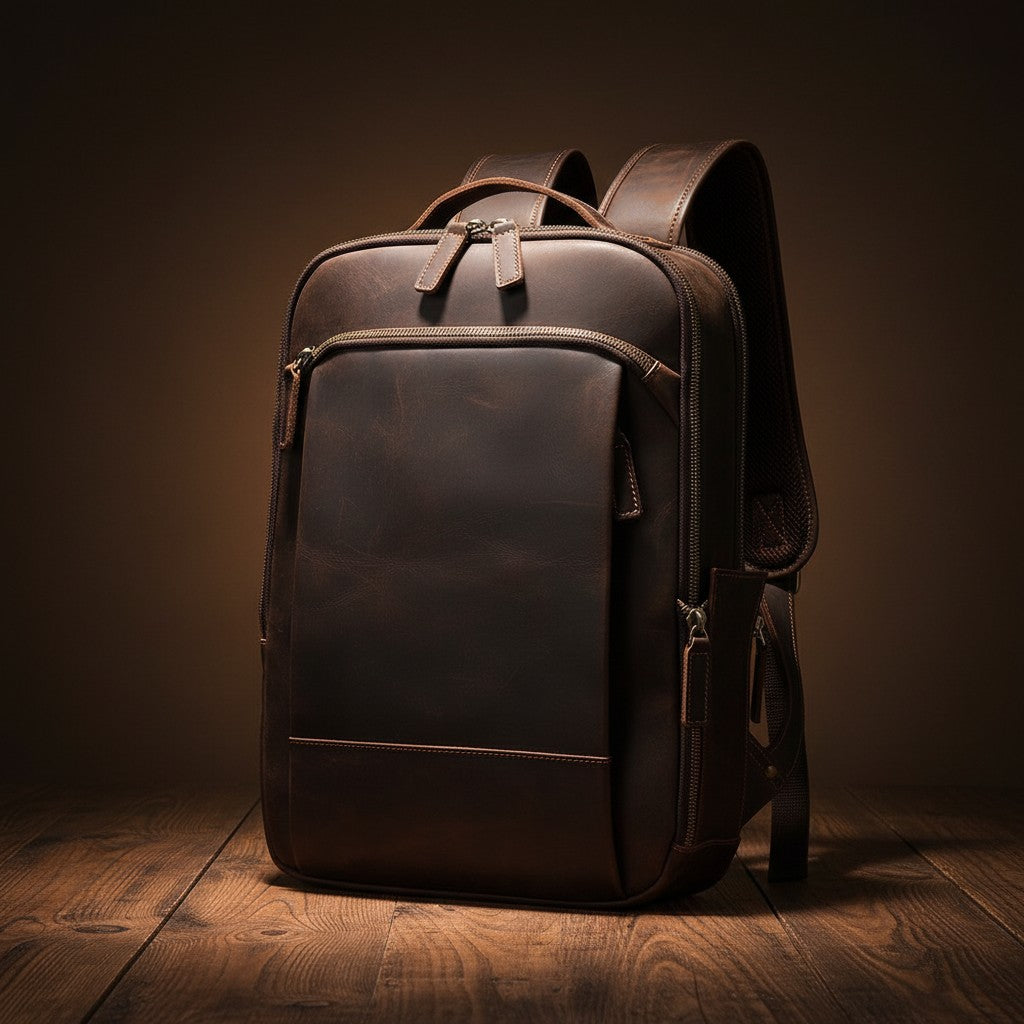 Barcon Getta Inc dark brown Ethiopian leather backpack with multiple zipper pockets and breathable straps.