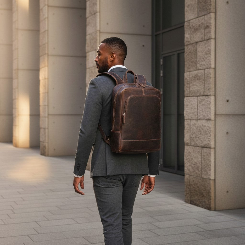 Barcon Getta Inc dark brown full grain leather backpack with laptop compartment and breathable straps.