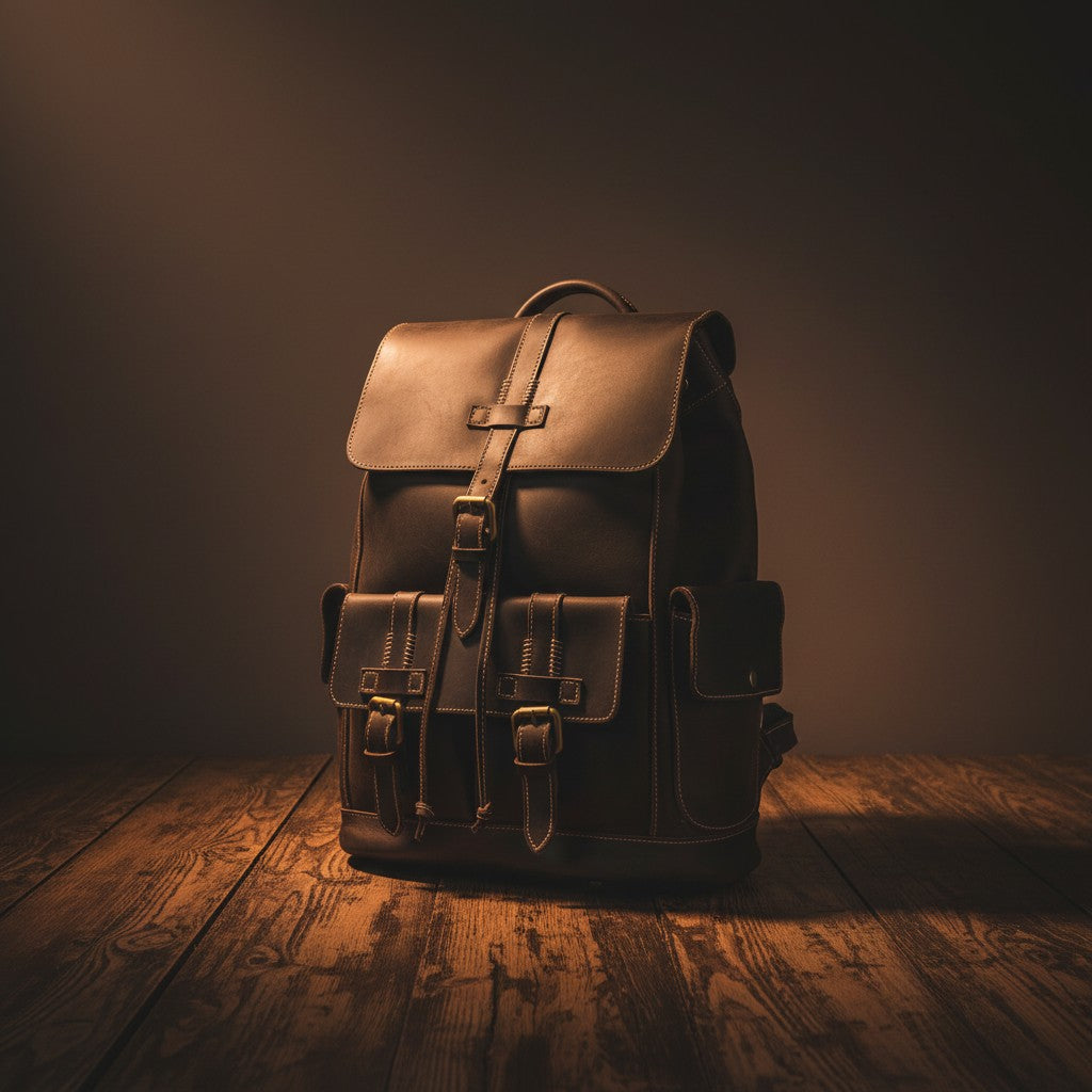 Barcon Getta Inc dark brown full grain leather backpack with buckle closures and breathable straps.