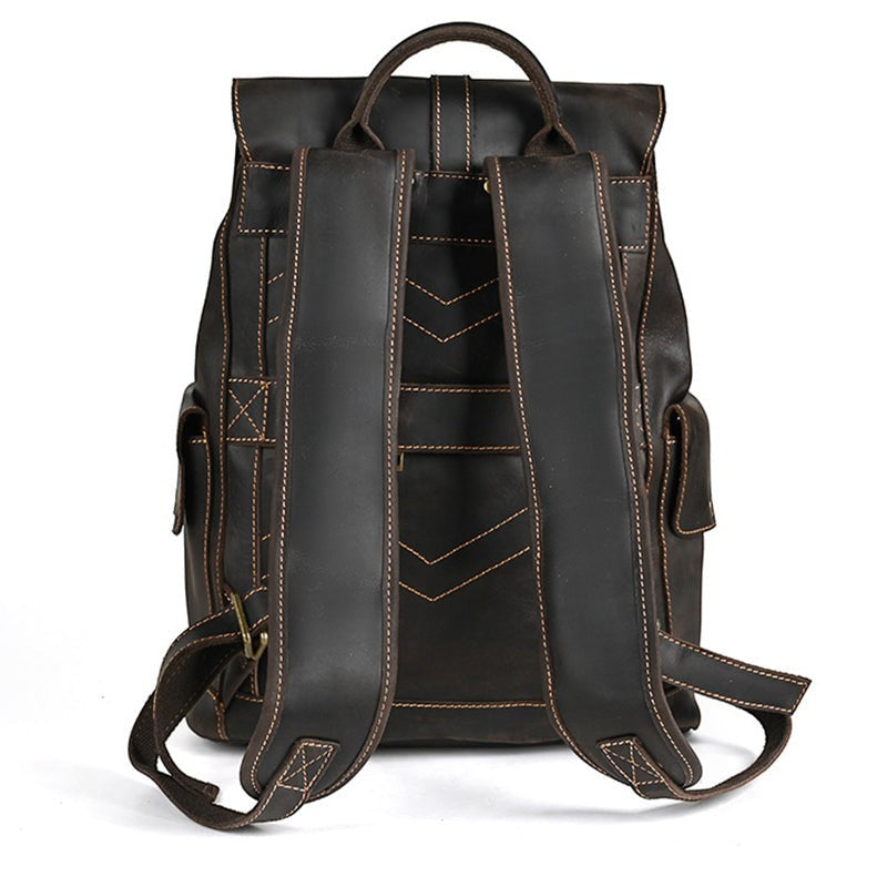 Barcon Getta Inc dark brown genuine leather Sharp-Carry backpack with multiple exterior pockets and adjustable straps.