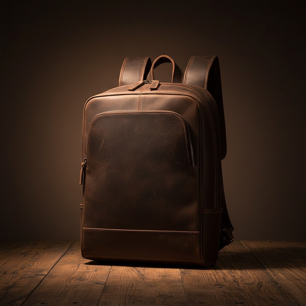 Barcon Getta Inc dark brown full grain leather backpack with padded straps and multiple zippered compartments.