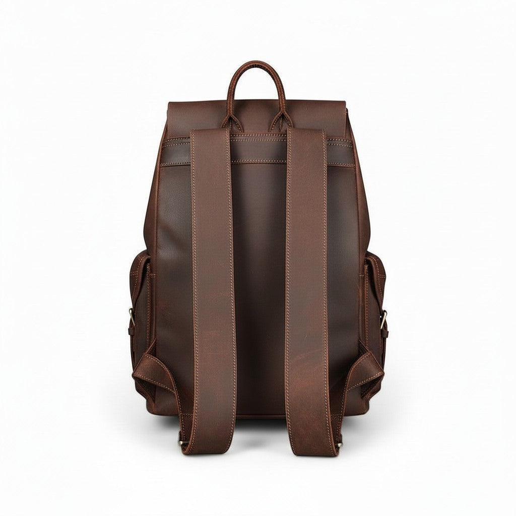 Barcon Getta Inc dark brown Ethiopian leather CARRYPRO backpack with breathable straps and multiple pockets.