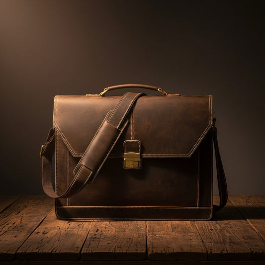Barcon Getta Inc dark brown leather briefcase with brass hardware, adjustable strap, and multiple compartments for up to a 16" laptop.